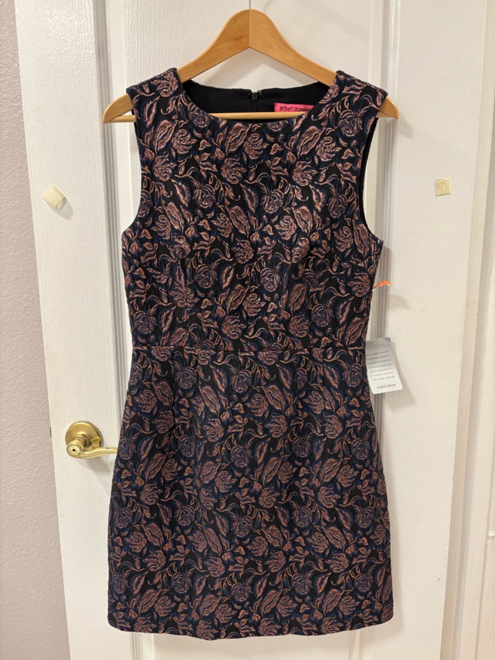 NWT Betsey Johnson Rose Gold Navy Blue Mini Dress Metallic Floral Jacquard sz 4